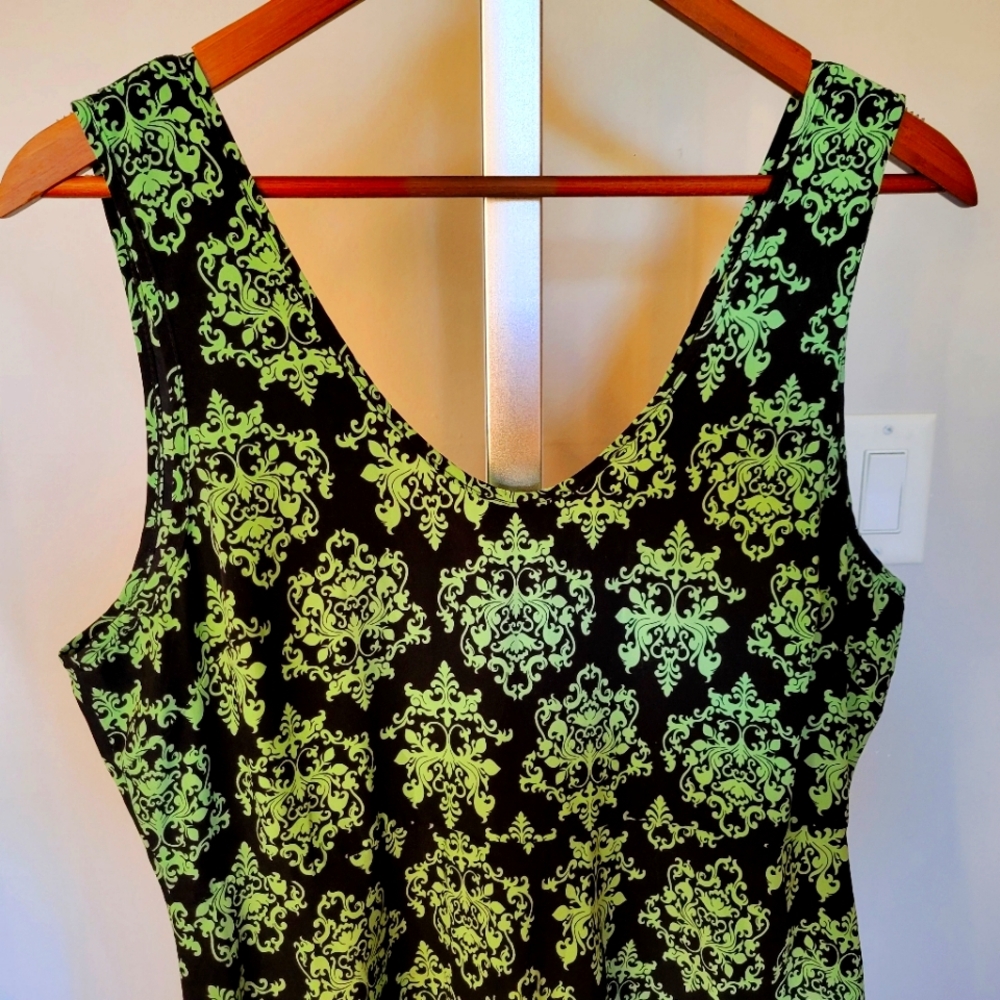 Black & Green Damask Fit & Flare Dress